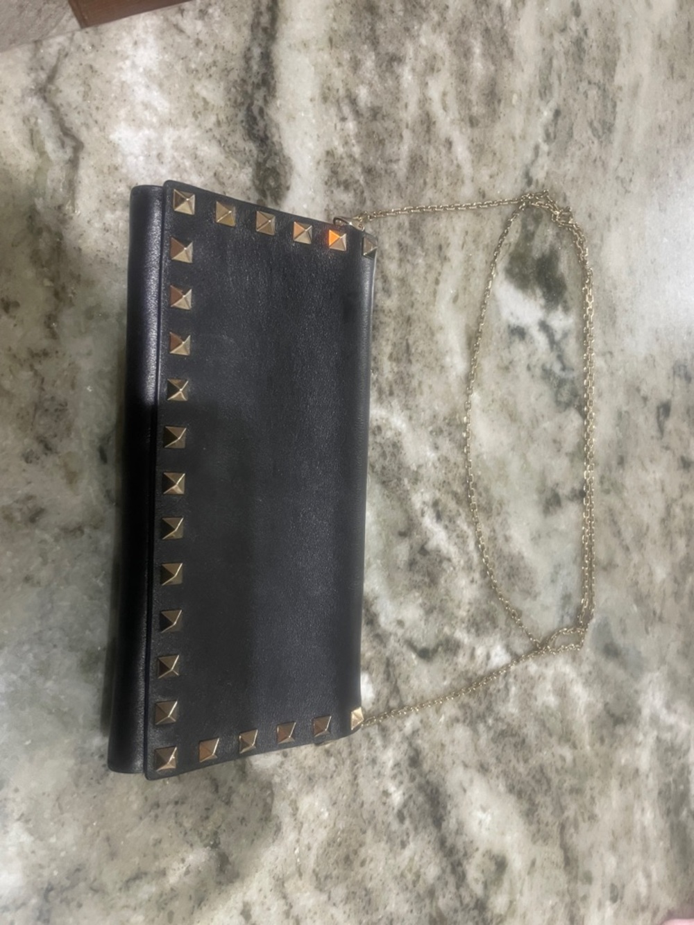 Valentino Black Leather Rockstud Clutch with Gold Chain